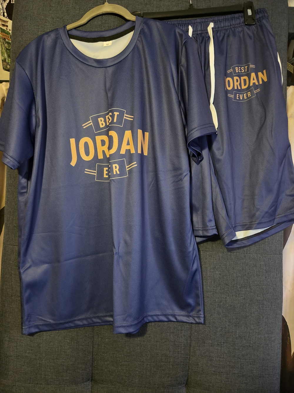 Jordan Mens Blue Athletic Tee & Shorts Set with Orange Logo